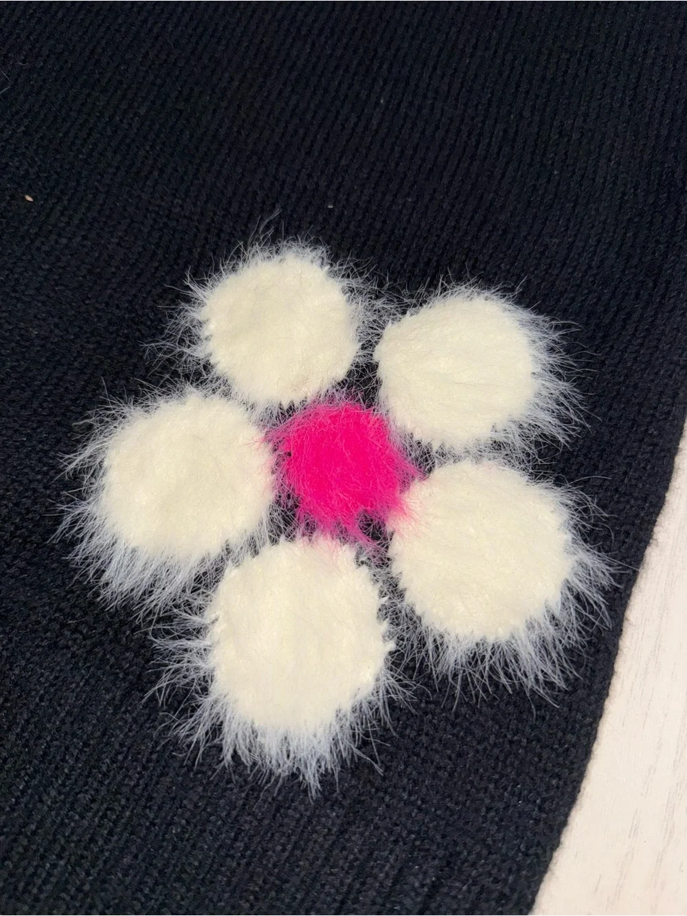 Black Knit Sweater Dress - Pink, Teal & Cream Flower Fuzzy Accents.  Girls 12